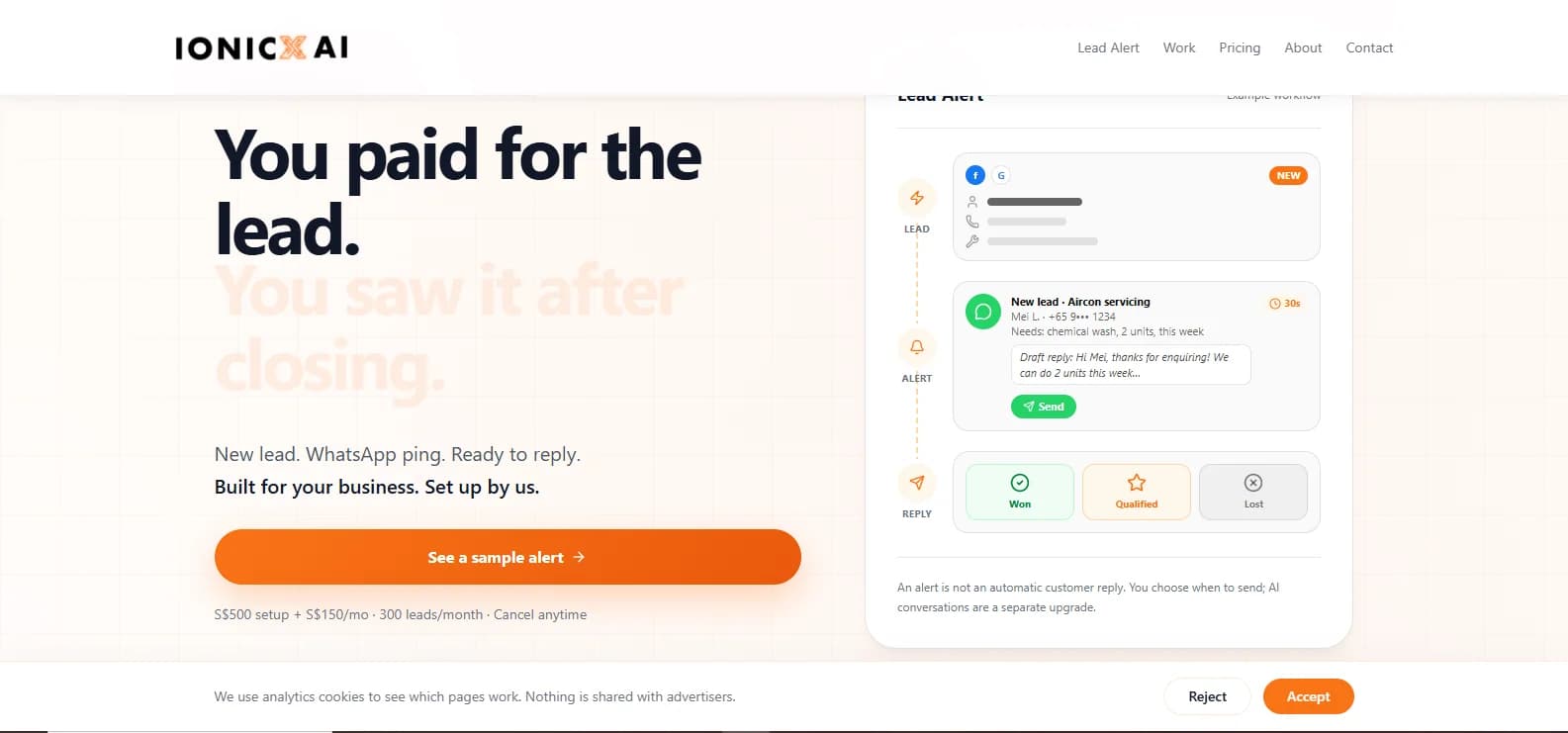 IonicX AI Lead Alert dashboard and automated WhatsApp notification pipeline